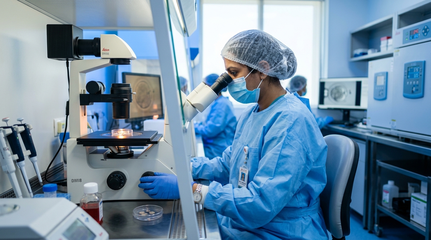 Especialista bióloga realizando procedimientos de embriología en REBAFIV